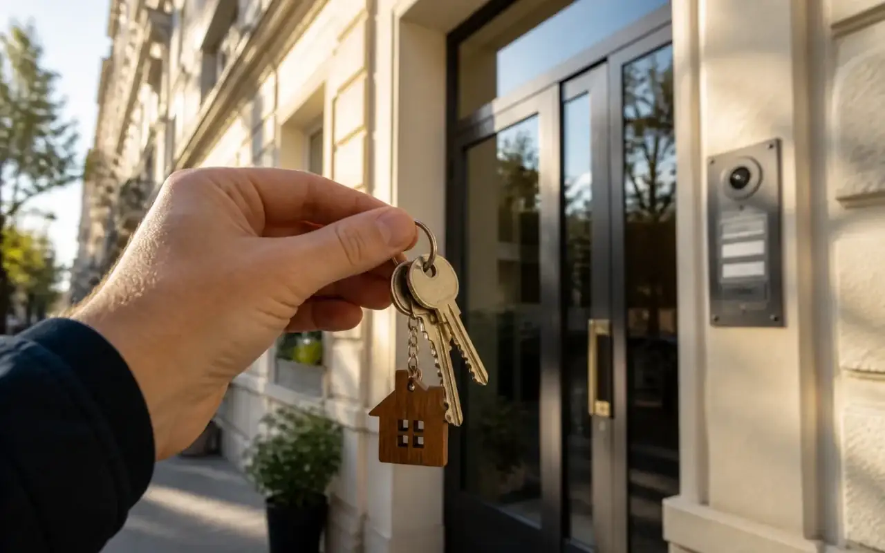 Mână cu chei de apartament în fața intrării unui bloc rezidențial — verificare anunț de închiriere înainte de garanție