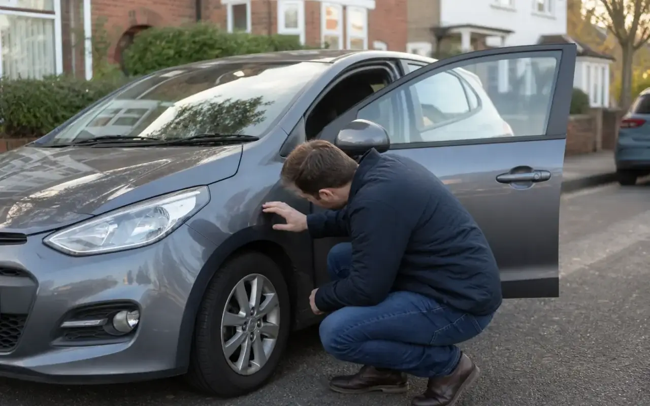 Cumpărător inspectează roata unui hatchback second-hand parcat pe stradă — verificare mașină la anunț de vânzări auto