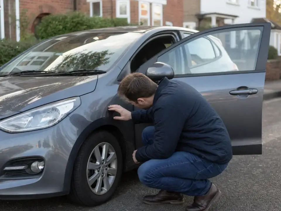 Cumpărător inspectează roata unui hatchback second-hand parcat pe stradă — verificare mașină la anunț de vânzări auto