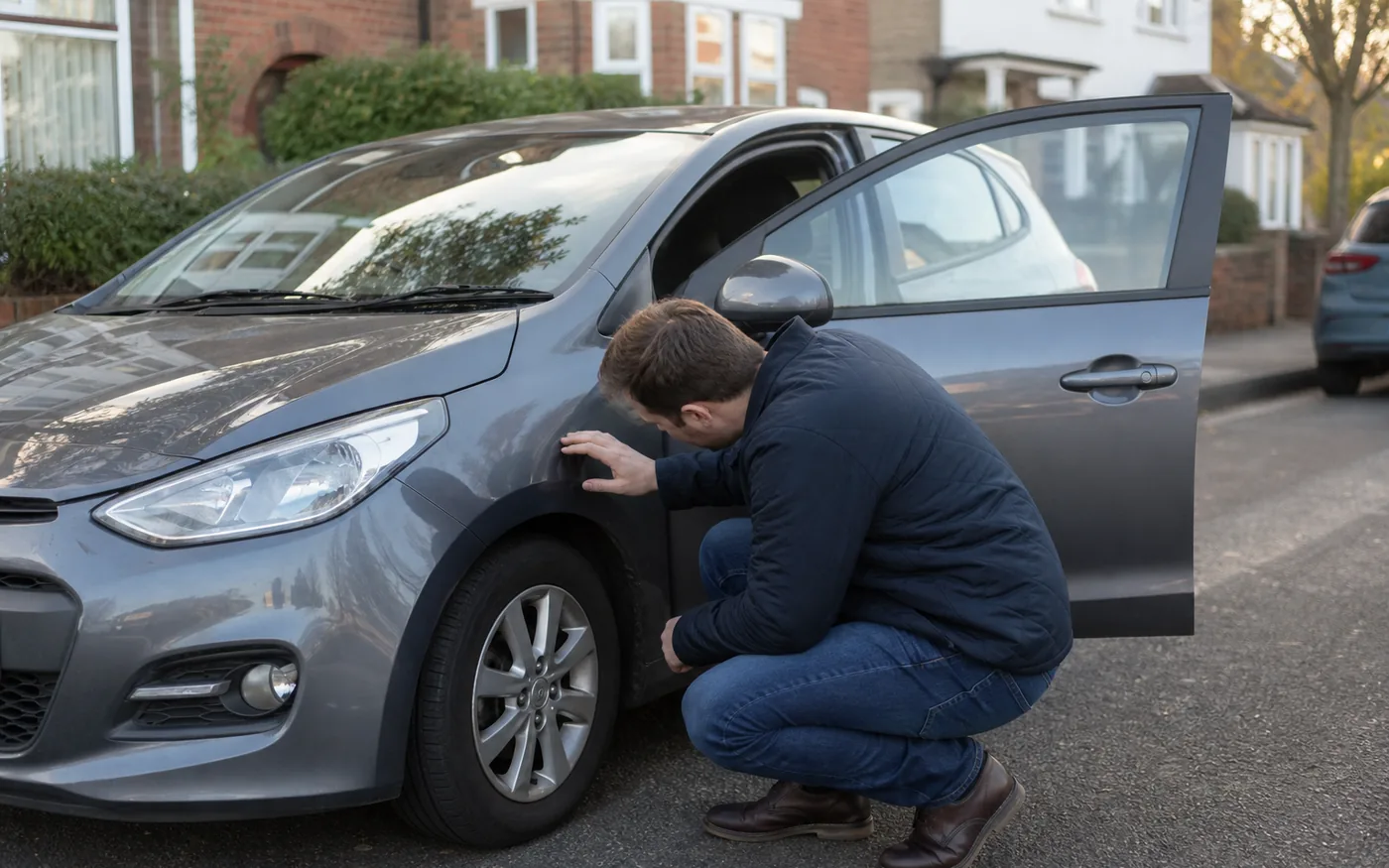 Cumpărător inspectează roata unui hatchback second-hand parcat pe stradă — verificare mașină la anunț de vânzări auto