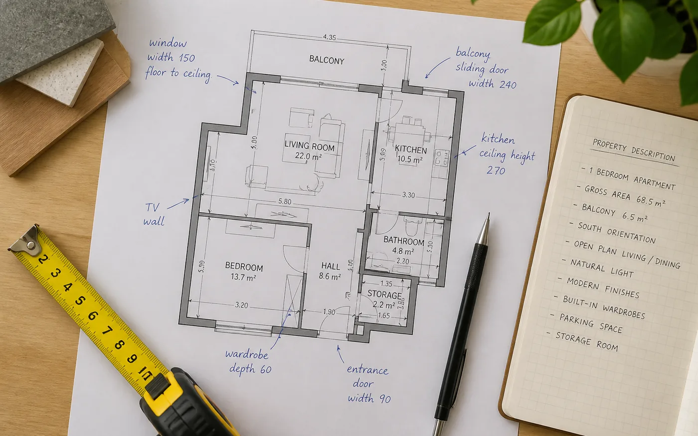 Plan de apartament cu măsurători, ruletă galbenă și notițe de descriere pe birou — date obligatorii în anunțul imobiliar