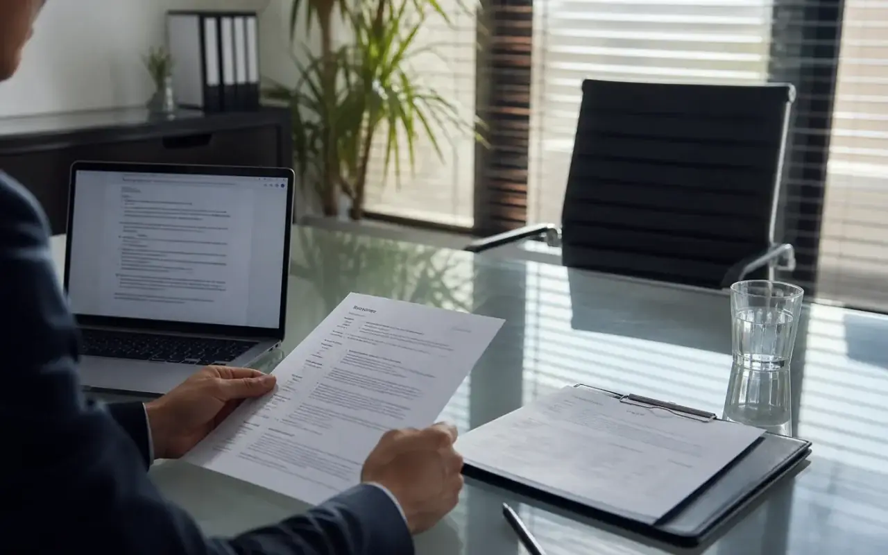 CV tipărit pe birou lângă laptop cu fișă de post și scaun gol de interviu — structură corectă a unui anunț de angajare