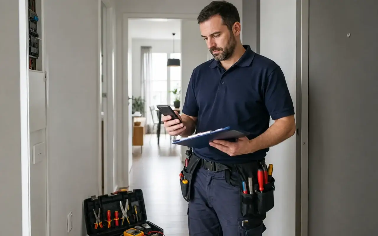 Anunț prestări servicii — electrician la programare Electrician cu trusă de scule și clipboard de programare în hol de apartament — anunț prestări servicii înainte de avans