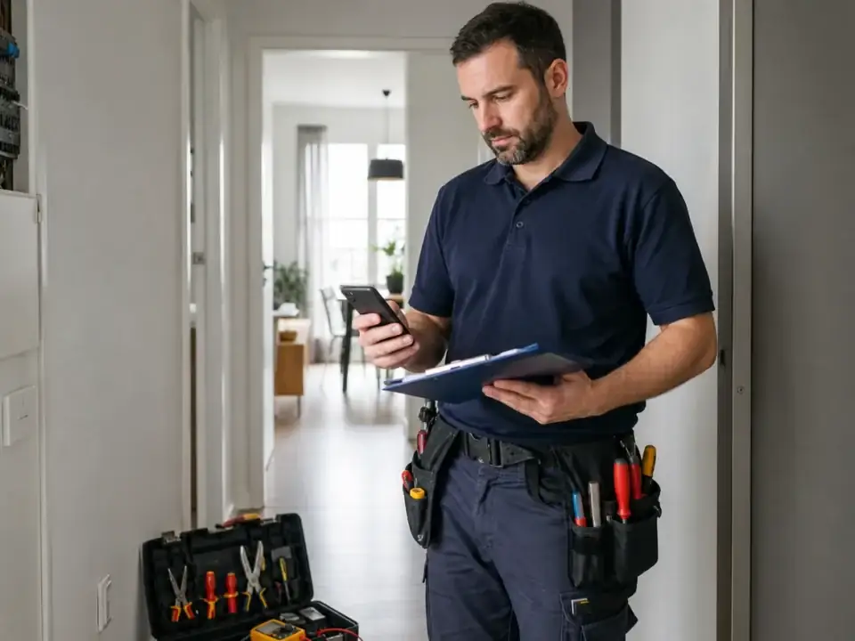 Electrician cu trusă de scule și clipboard de programare în hol de apartament — anunț prestări servicii înainte de avans