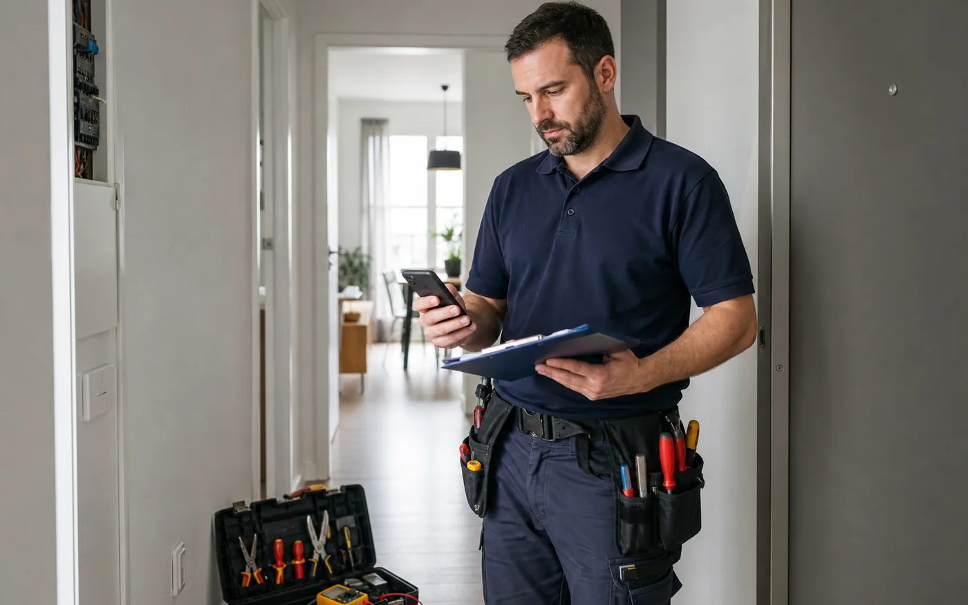 Electrician cu trusă de scule și clipboard de programare în hol de apartament — anunț prestări servicii înainte de avans