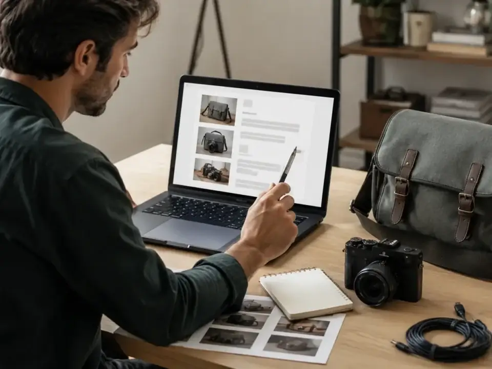 Persoană care pregătește un anunț online înainte de publicare