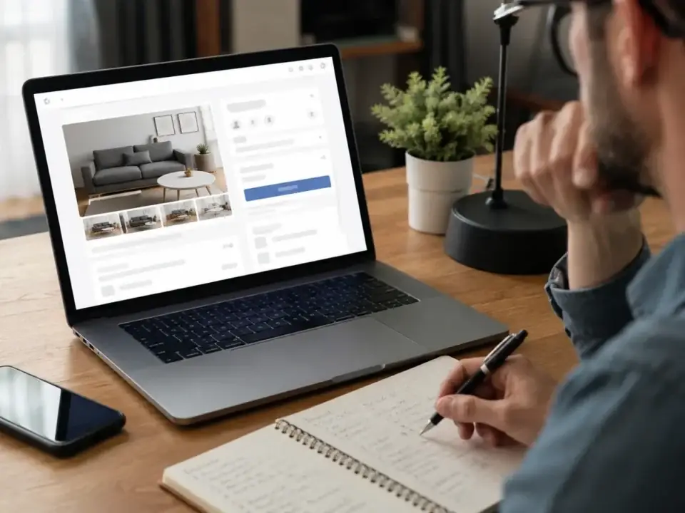 Persoană care verifică un anunț online înainte de cumpărare