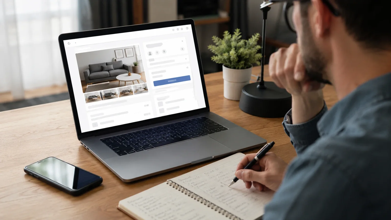 Persoană care verifică un anunț online înainte de cumpărare