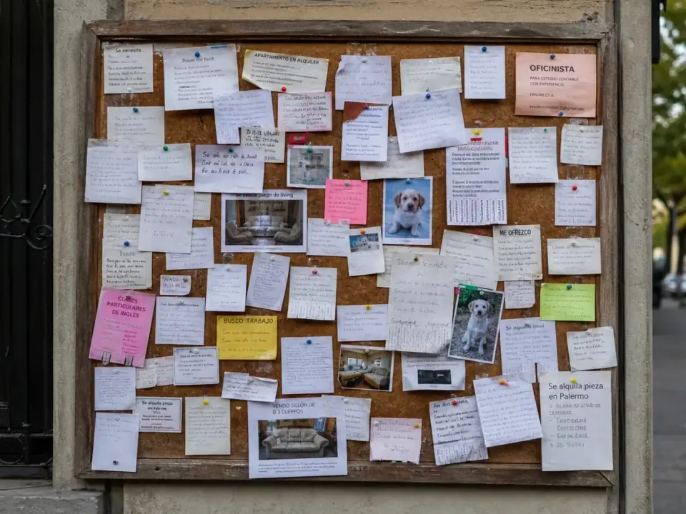 Panou comunitar cu zeci de bilețele de anunțuri prinse cu pioneze — platforme de anunțuri gratuite pe nișe în România