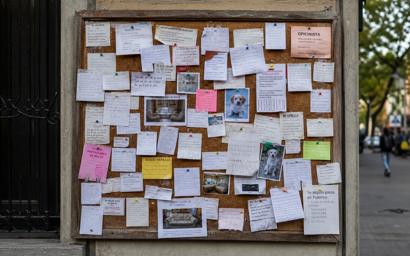 Panou comunitar cu zeci de bilețele de anunțuri prinse cu pioneze — platforme de anunțuri gratuite pe nișe în România